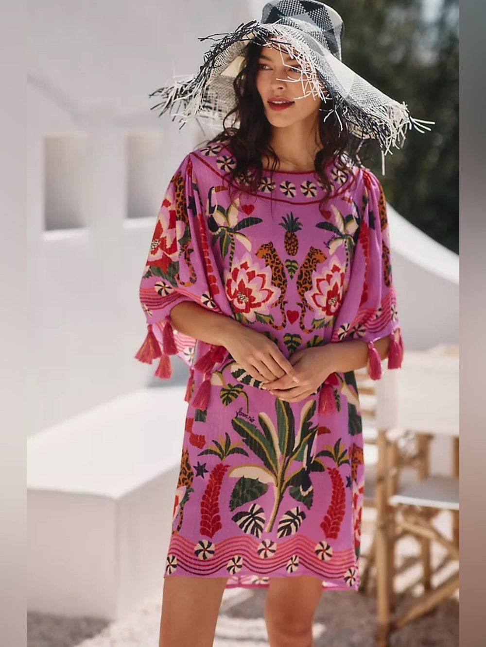 FARM Rio Pink Tropical Floral Tassel Swim Coverup